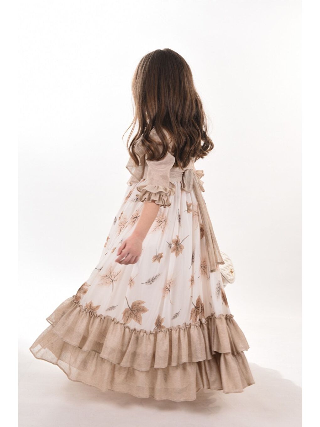 Bej Yaprak Desenli Kız Çocuk Uzun Elbise, Çantalı Kız Çocuk Mezuniyet Elbisesi_M2370-2