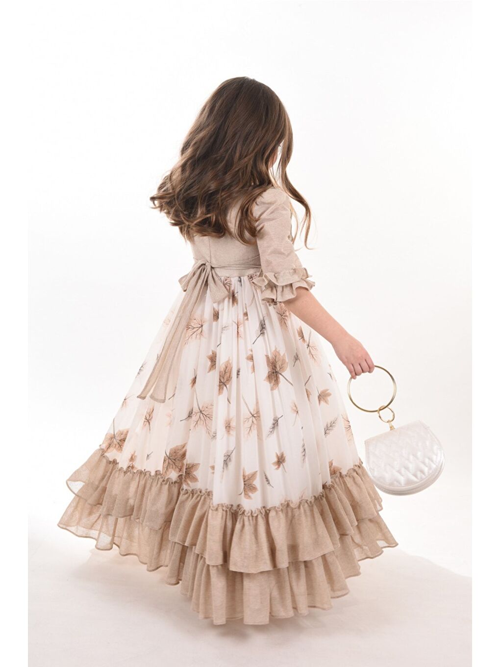 Bej Yaprak Desenli Kız Çocuk Uzun Elbise, Çantalı Kız Çocuk Mezuniyet Elbisesi_M2370-3