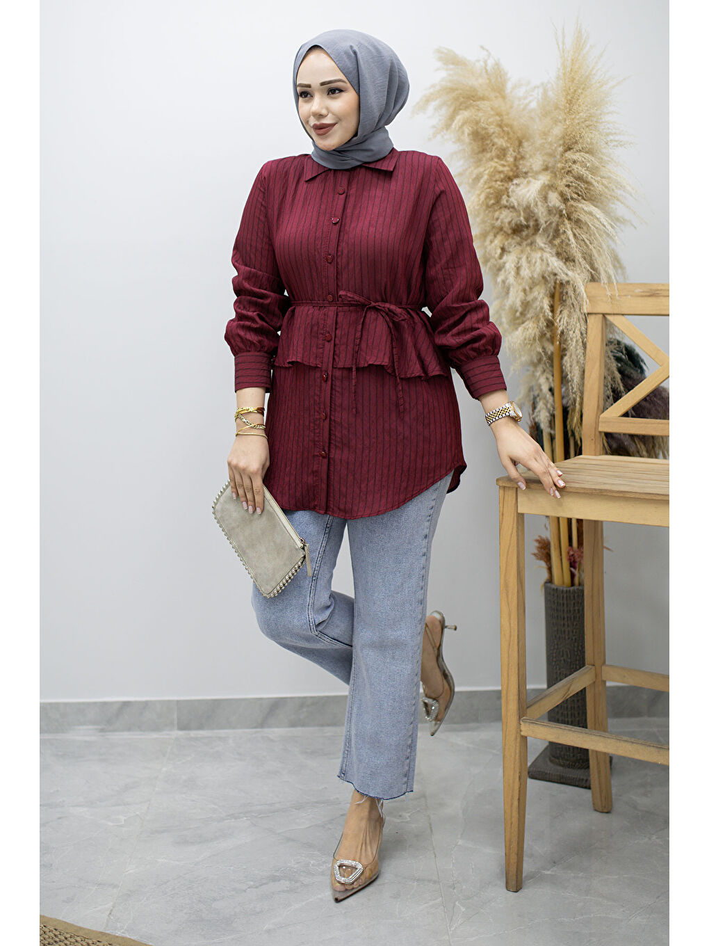 Fırfır Detaylı Çizgili Gömlek TSD260160 Bordo-4
