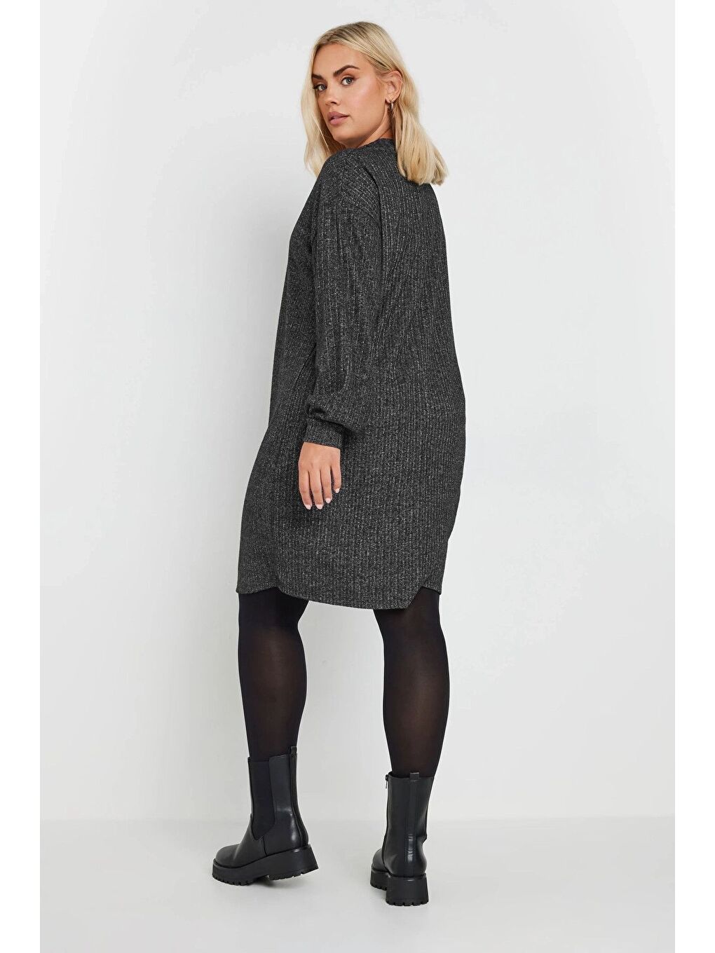 Antrasit Büyük Beden Yumuşak Kumaş Yakası Fermuarlı Fitilli Tunik Elbise 322179-4