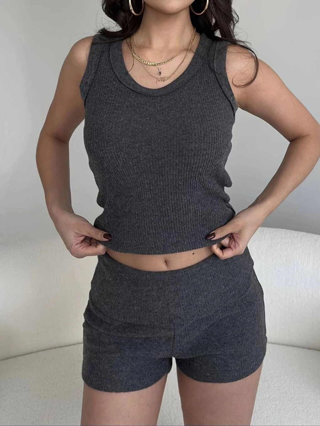 Gri Kadın Antrasit Bel Katlamalı Şortlu Bluz Basic Takım HZL25W-ZK11191-1