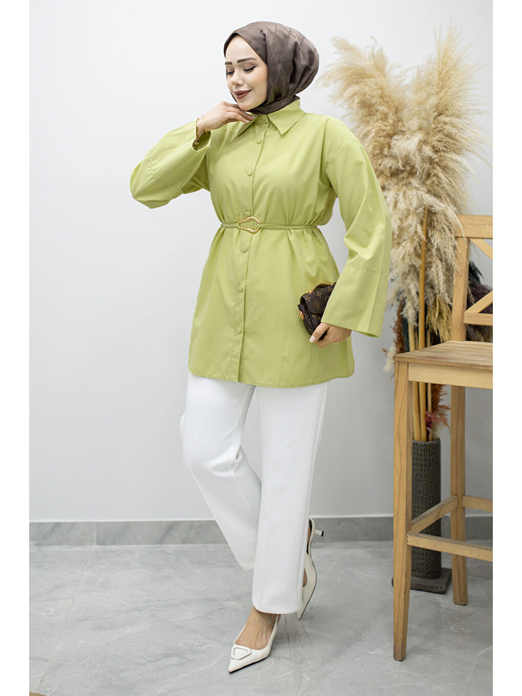 Kuşağı Gold Detaylı Gömlek TSD260162 Yeşil