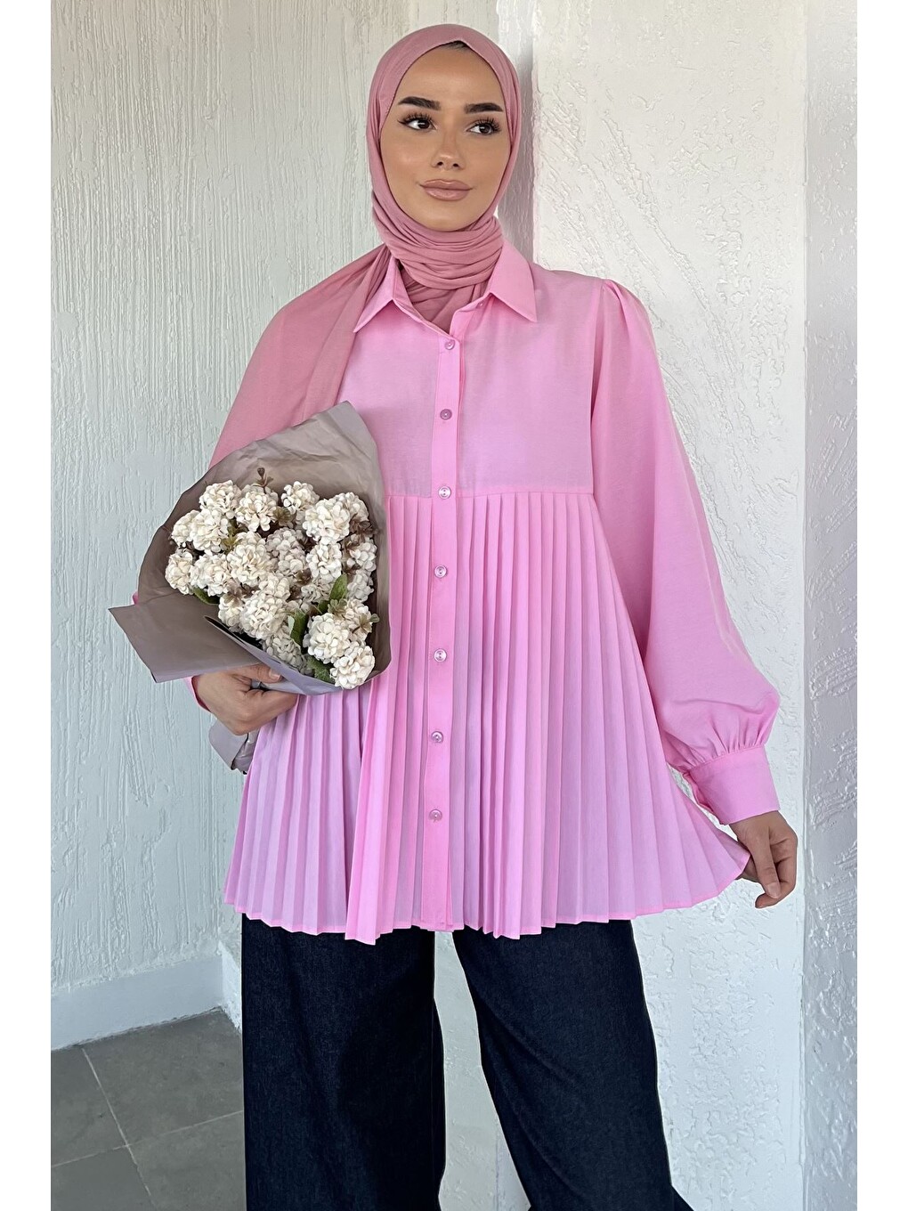 Pembe Gülseli Tesettür Piliseli Gömlek-1