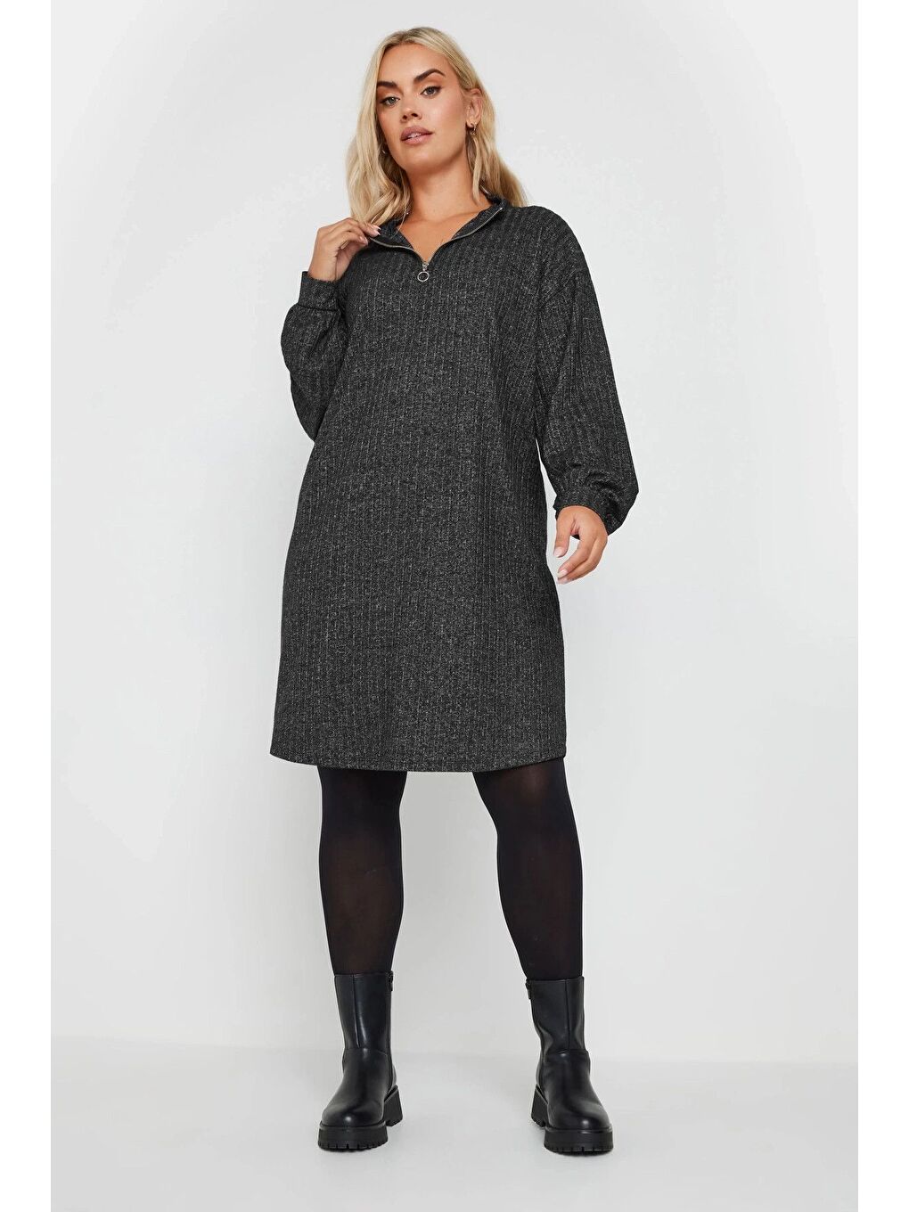 Antrasit Büyük Beden Yumuşak Kumaş Yakası Fermuarlı Fitilli Tunik Elbise 322179-5