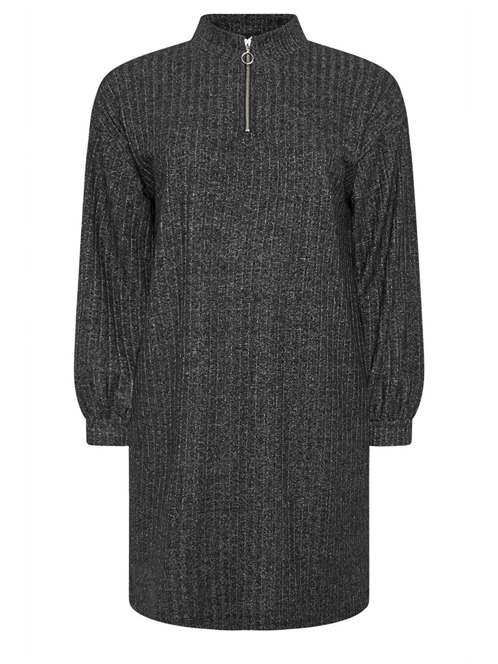 Antrasit Büyük Beden Yumuşak Kumaş Yakası Fermuarlı Fitilli Tunik Elbise 322179-6