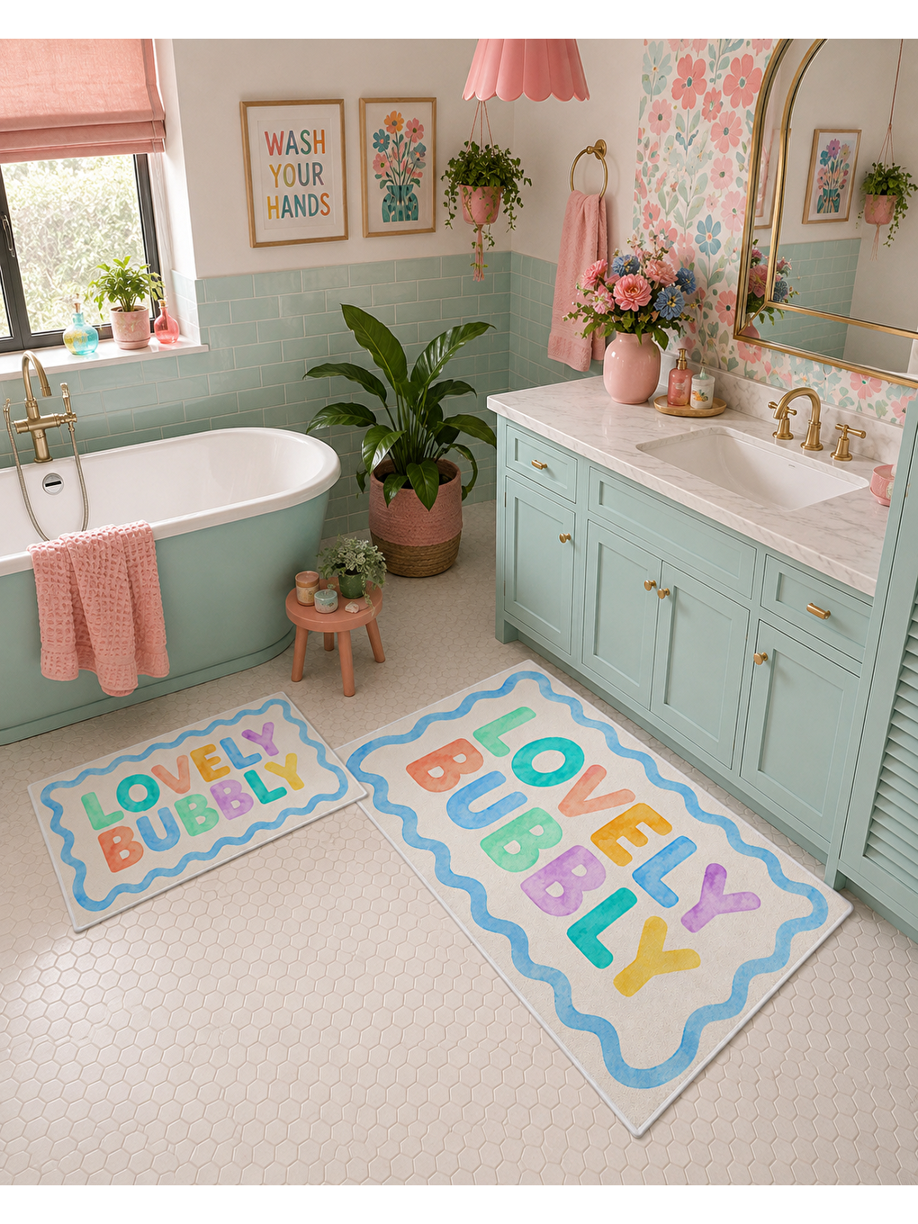 Karışık Lovely Bubble Yazılı Kaymaz Taban Banyo Paspası 2’li Set Renkli Modern Banyo Halısı