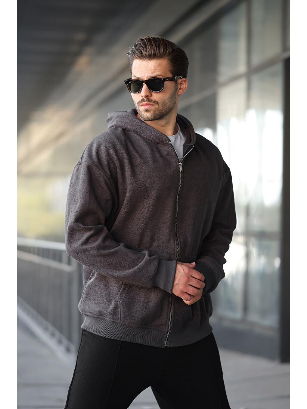 Gri Füme Kapüşonlu Erkek Polar Hırka E7168-1