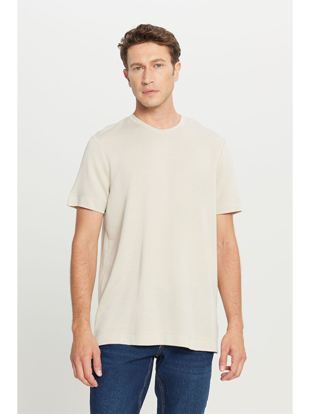 Erkek Bej Slim Fit Dar Kesim Bisiklet Yaka Esnek Tişört-2