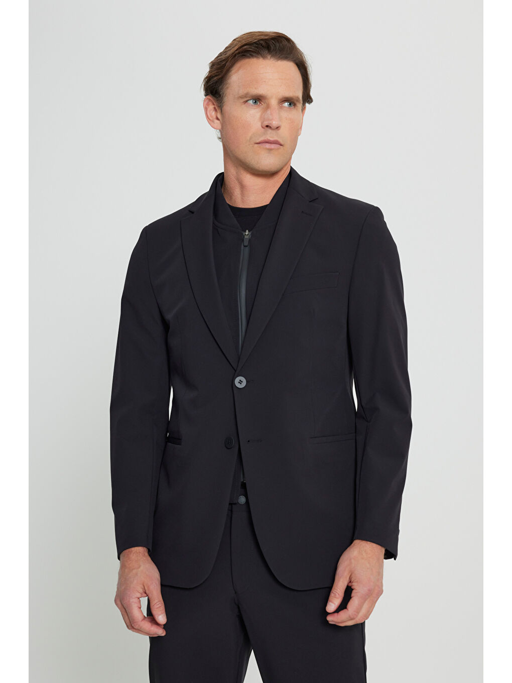 Erkek Siyah Slim Fit Dar Kesim Çıkma Mono Yaka Tek Fleto Cepli Esnek Takım Elbise-3