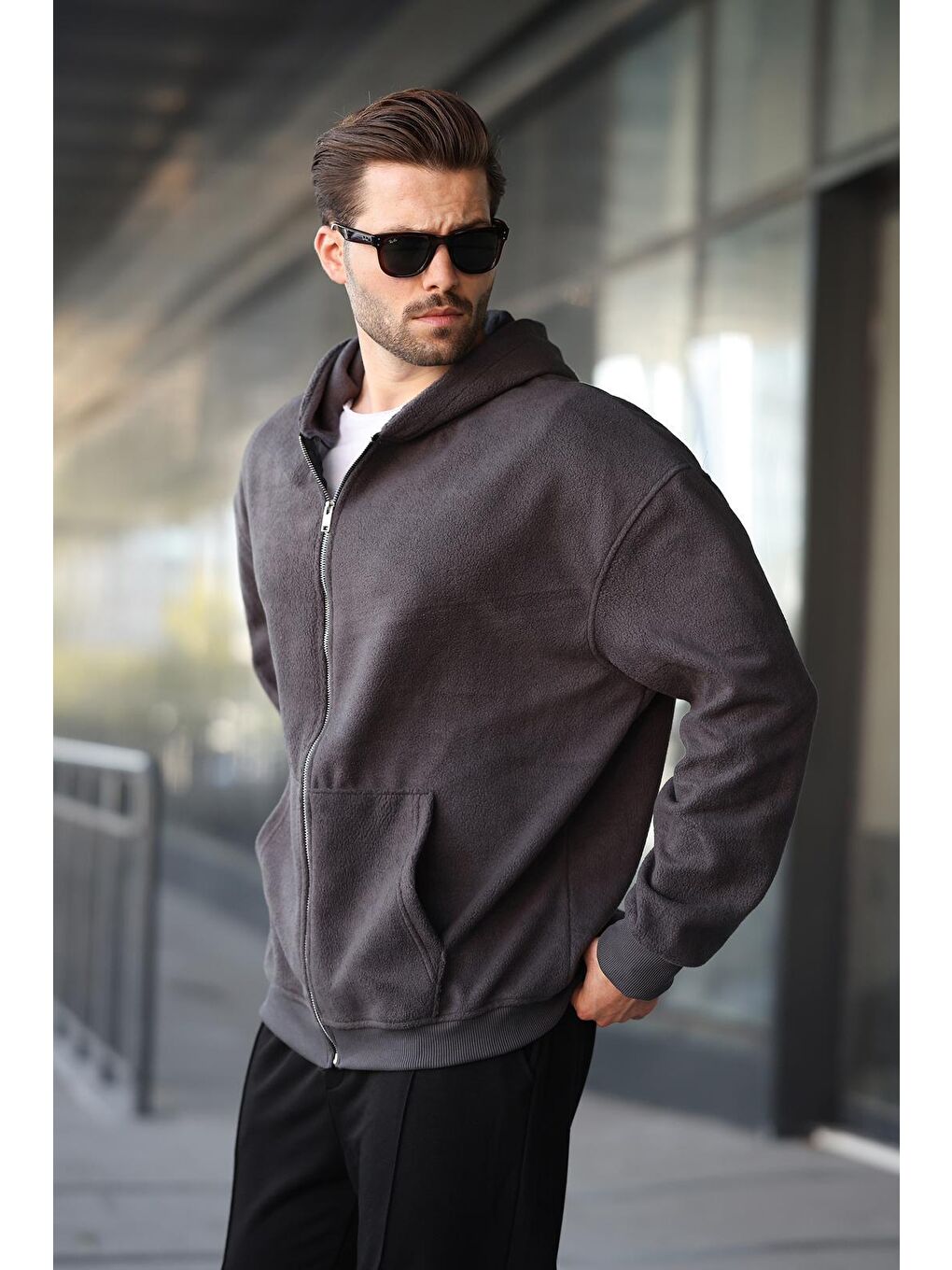 Gri Füme Kapüşonlu Erkek Polar Hırka E7168-2