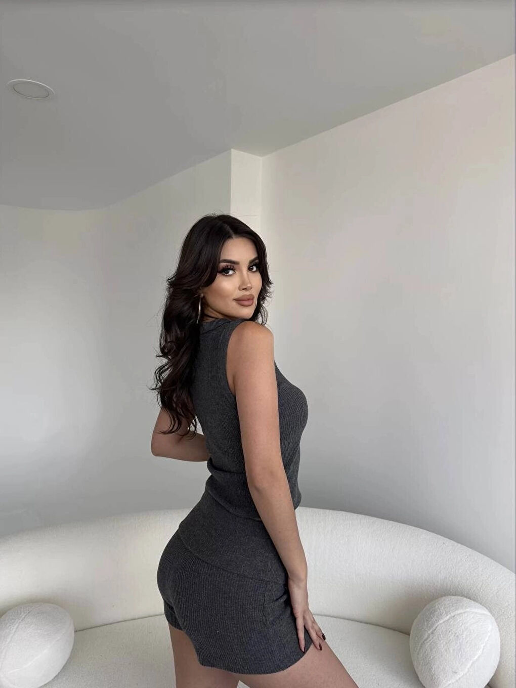 Gri Kadın Antrasit Bel Katlamalı Şortlu Bluz Basic Takım HZL25W-ZK11191-3