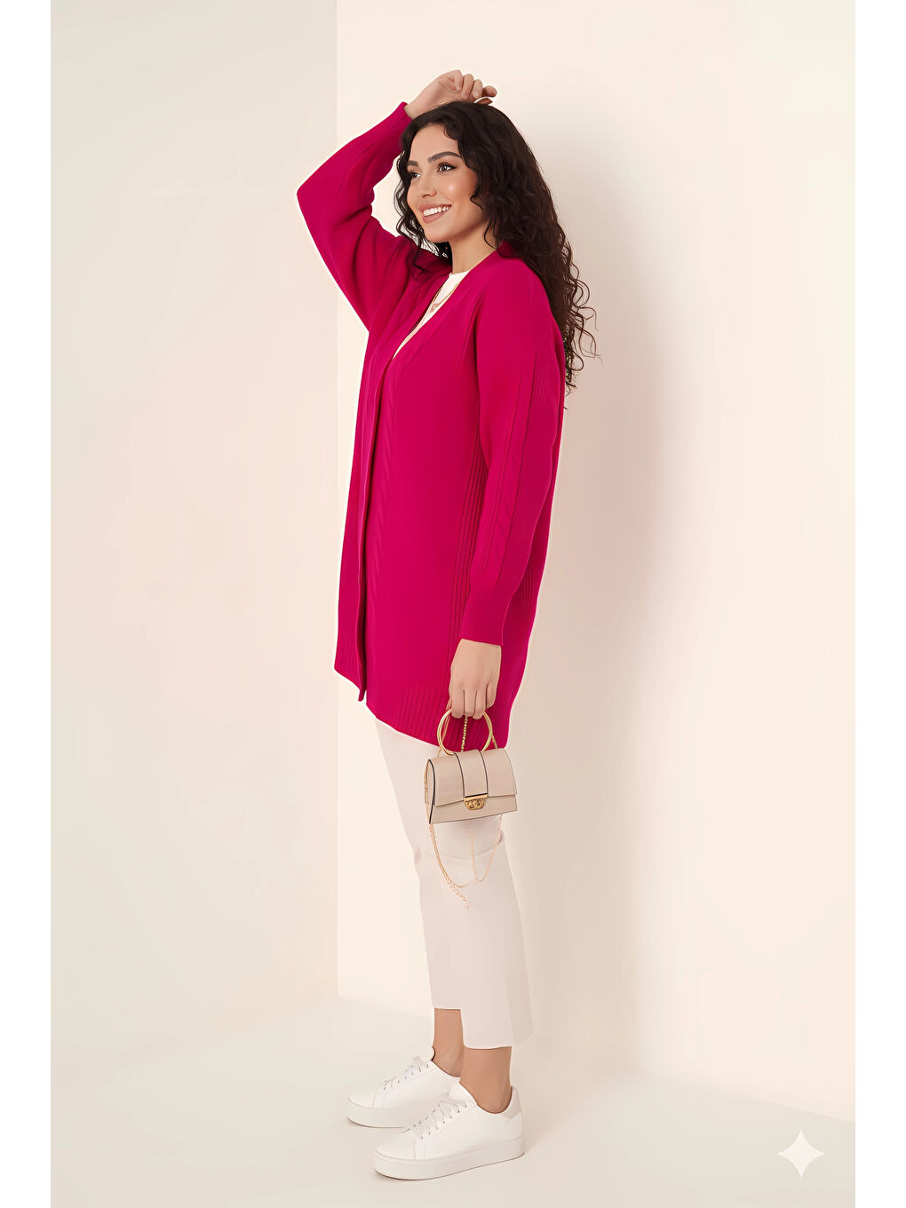 Kadın Koyu Pembe Saç Örgü Desen Uzun Düğmeli Rahat Kesim Triko Hırka HZL23W-BD1100691-1