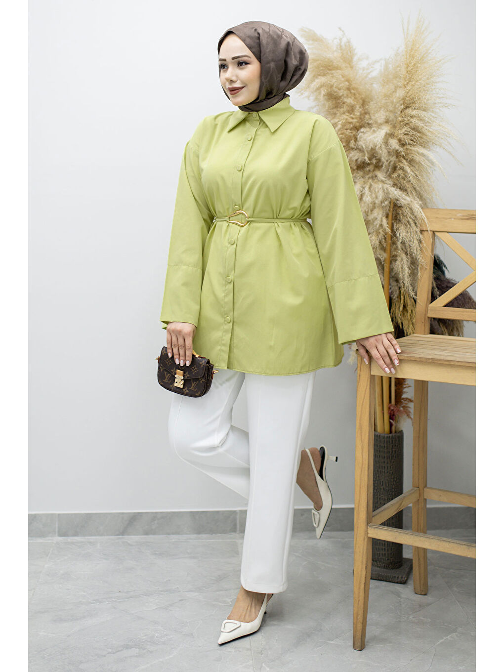 Kuşağı Gold Detaylı Gömlek TSD260162 Yeşil-2