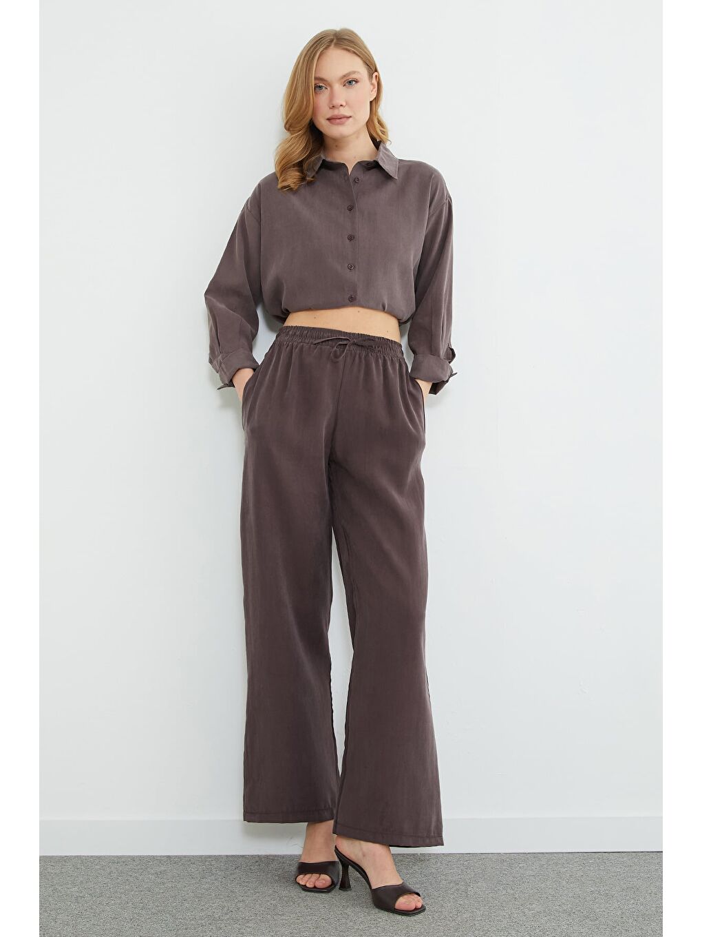 Kahverengi Beli Lastikli Cepli Palazzo Pantolon