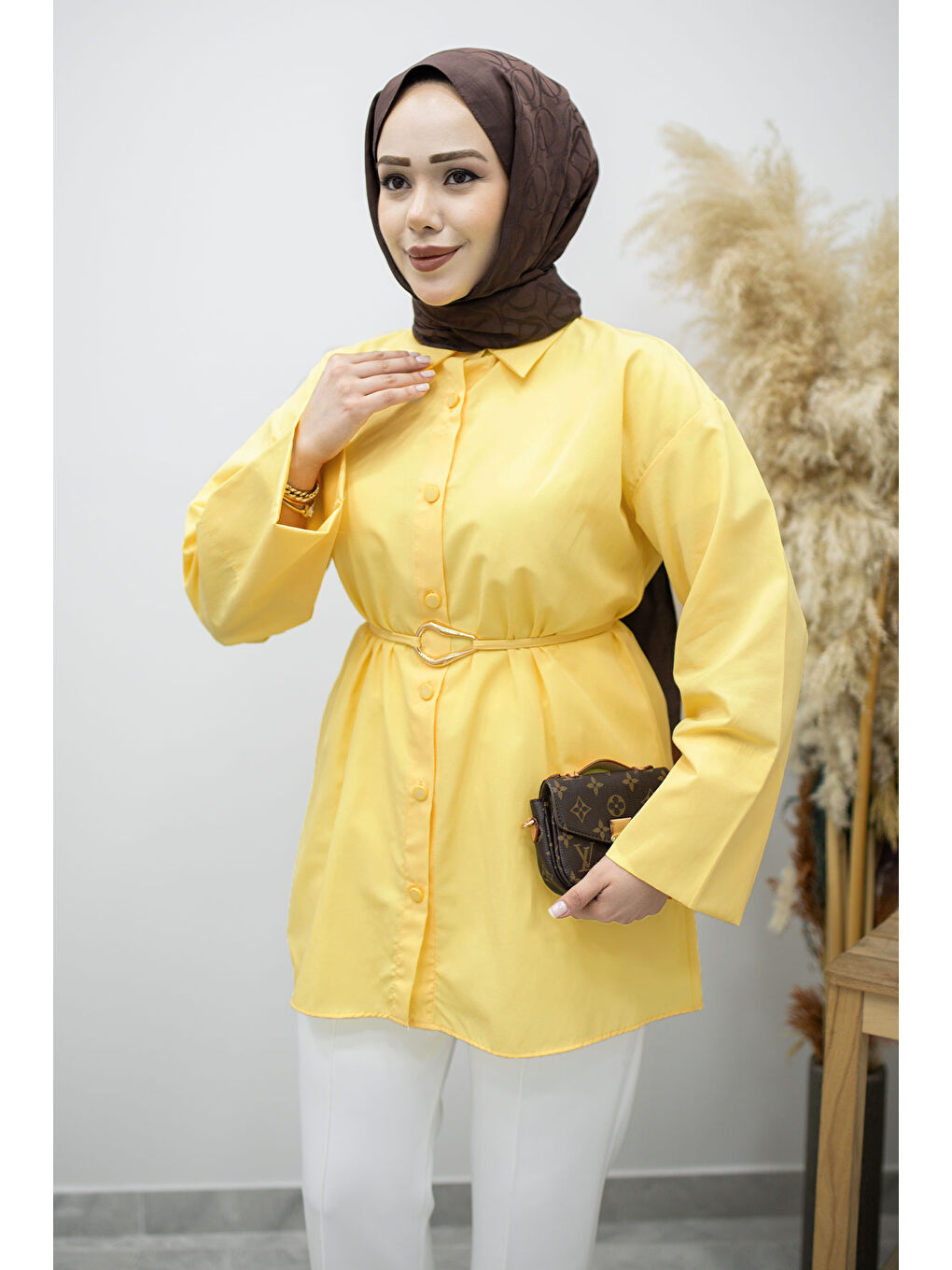 Kuşağı Gold Detaylı Gömlek TSD260162 Sarı-1