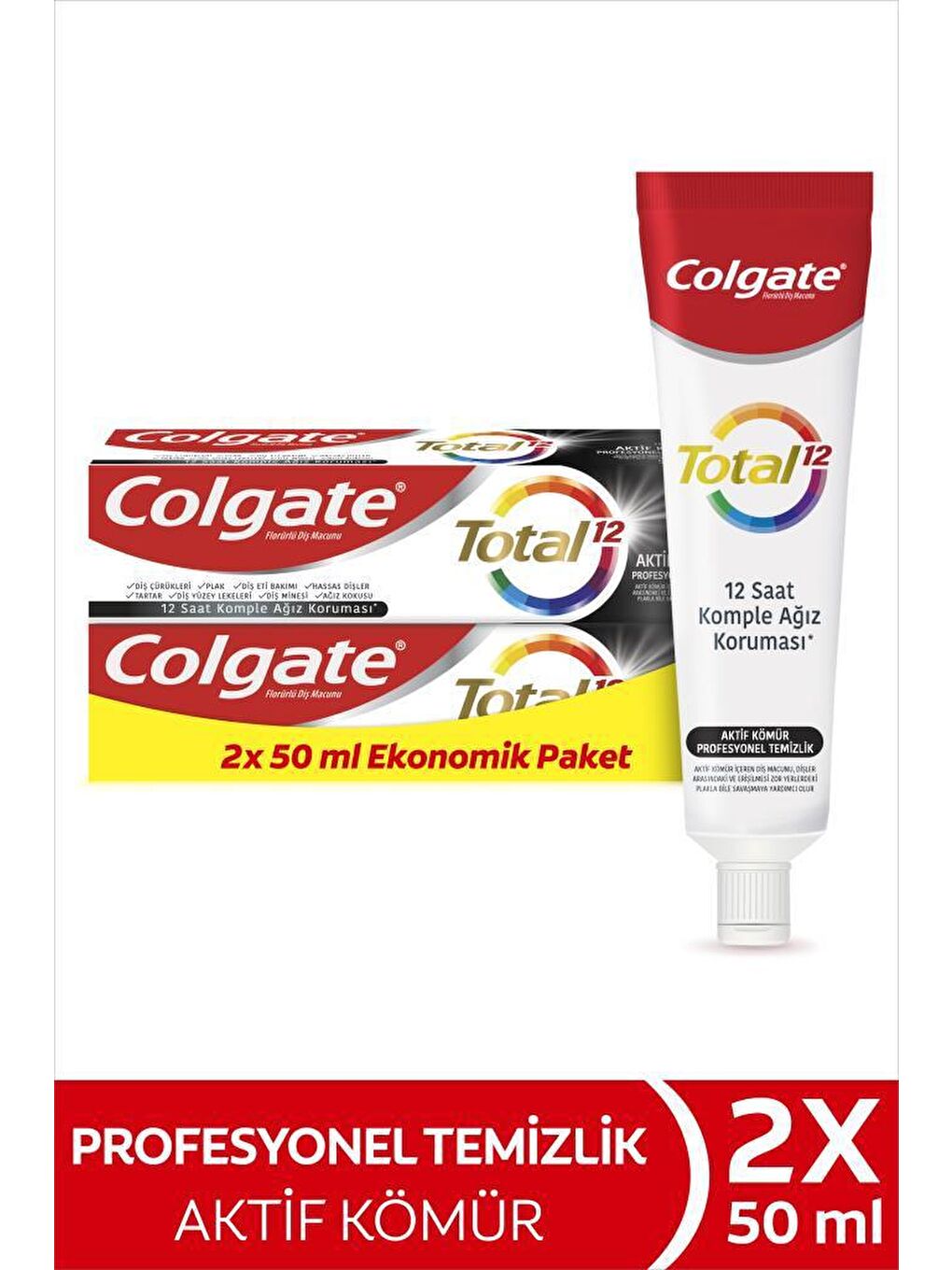 Colgate Total Aktif Kömür Profesyonel Temizlik Diş Macunu 50 ml  x2 Adet