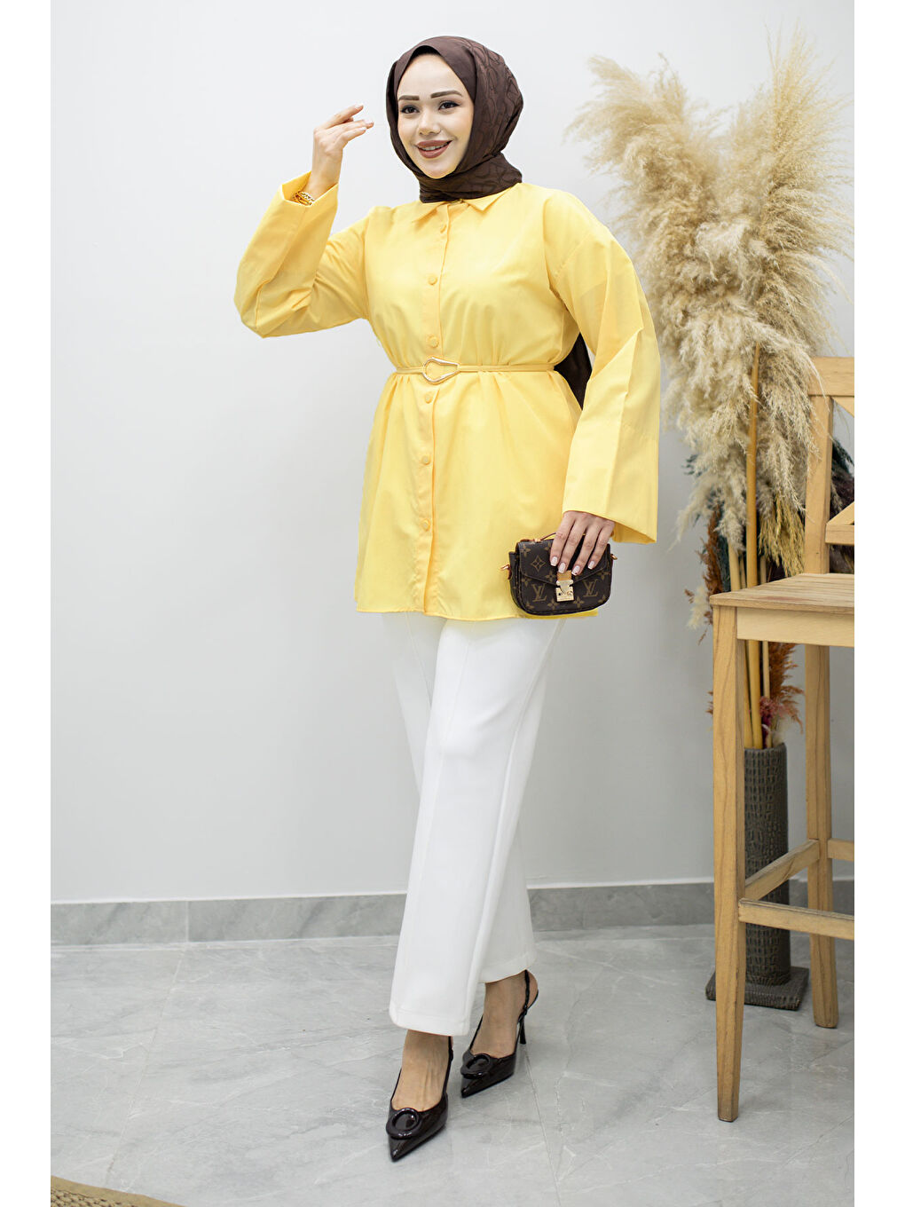 Kuşağı Gold Detaylı Gömlek TSD260162 Sarı-2