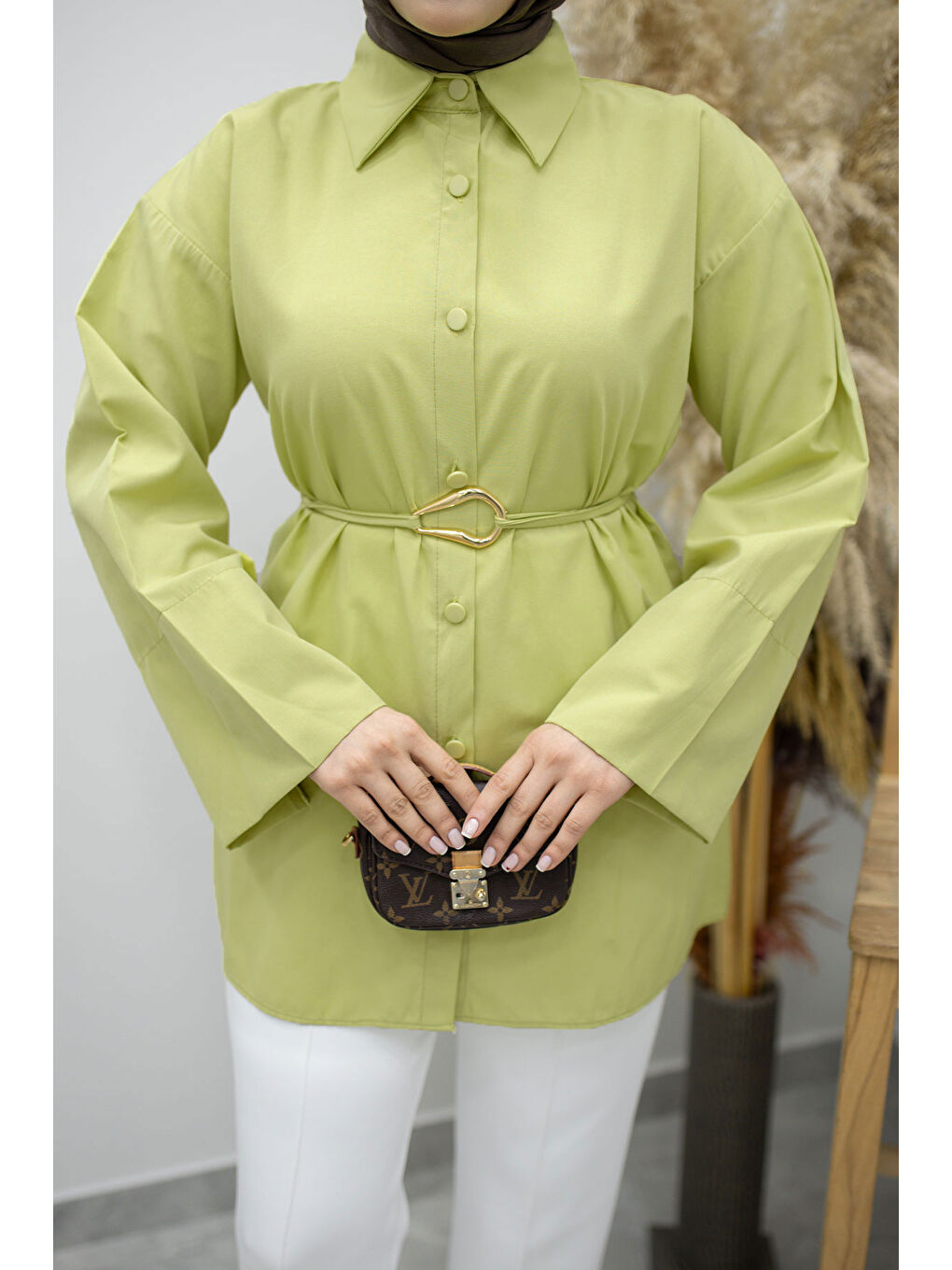 Kuşağı Gold Detaylı Gömlek TSD260162 Yeşil-3