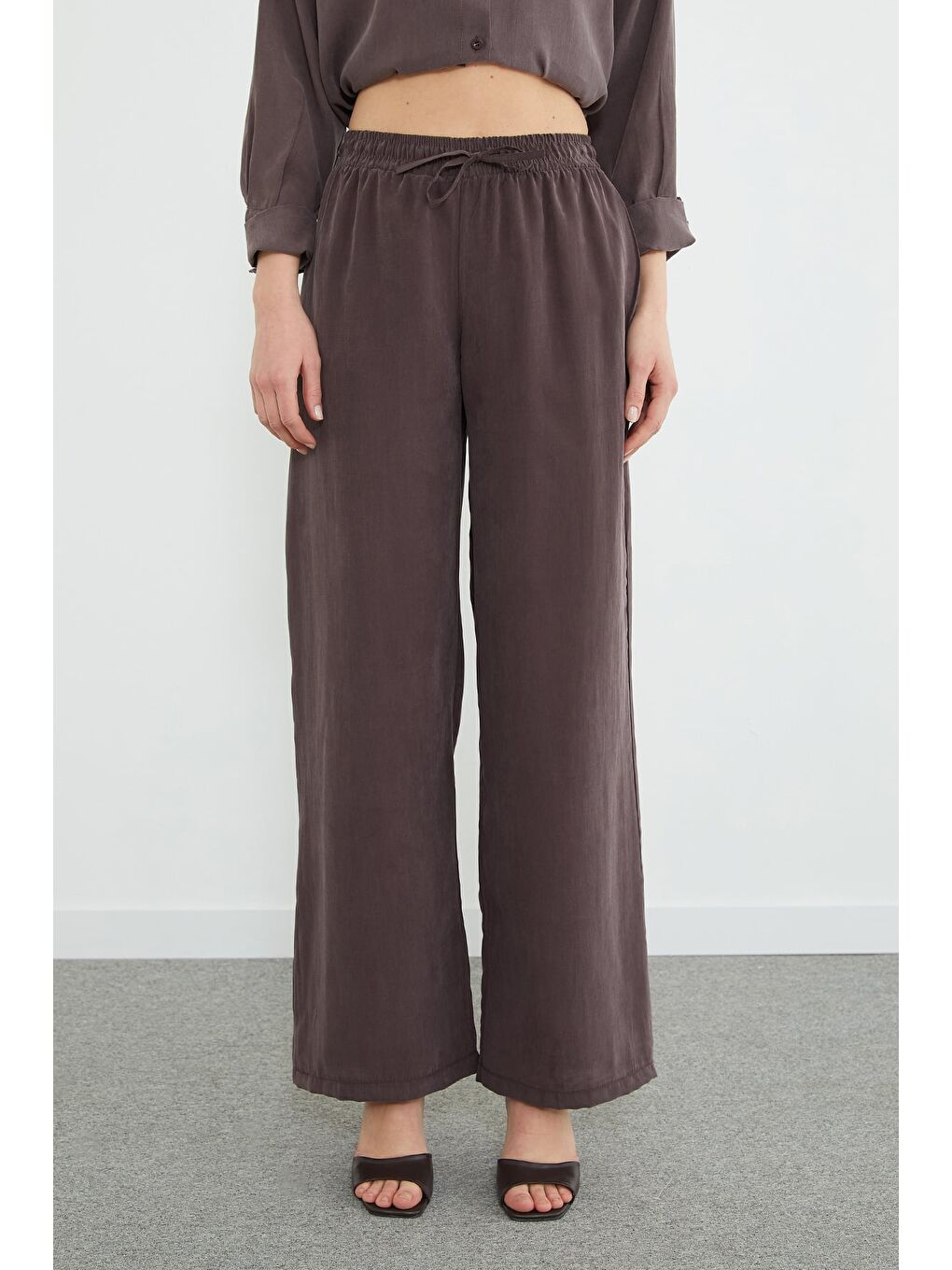 Kahverengi Beli Lastikli Cepli Palazzo Pantolon-1