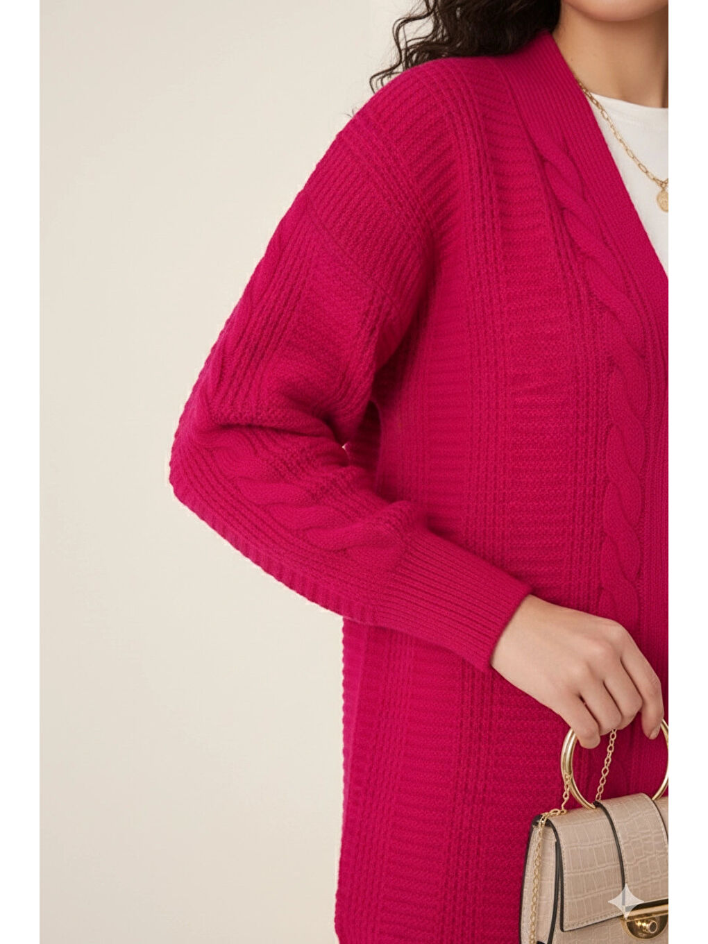 Kadın Koyu Pembe Saç Örgü Desen Uzun Düğmeli Rahat Kesim Triko Hırka HZL23W-BD1100691-2