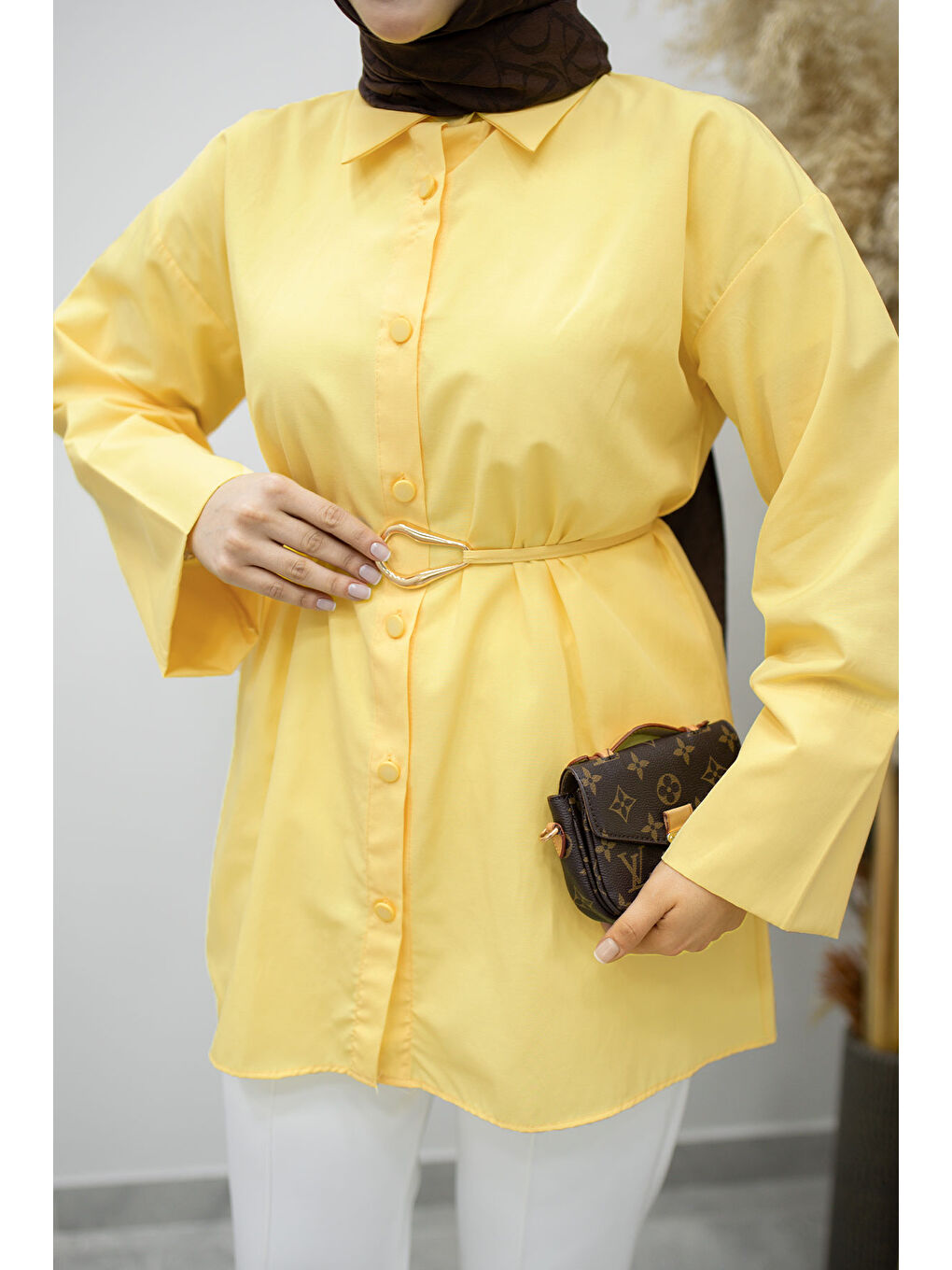 Kuşağı Gold Detaylı Gömlek TSD260162 Sarı-3