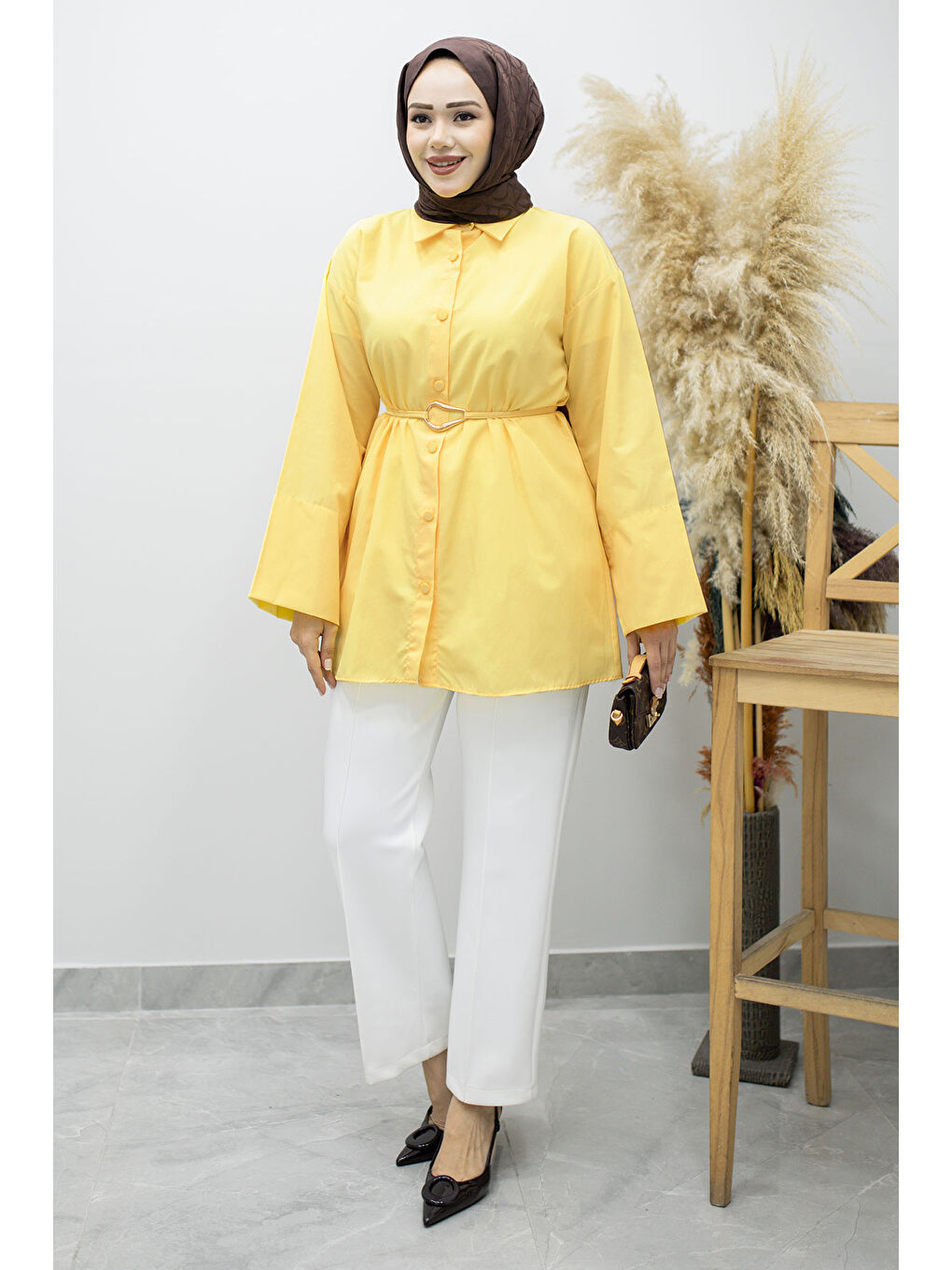 Kuşağı Gold Detaylı Gömlek TSD260162 Sarı-4