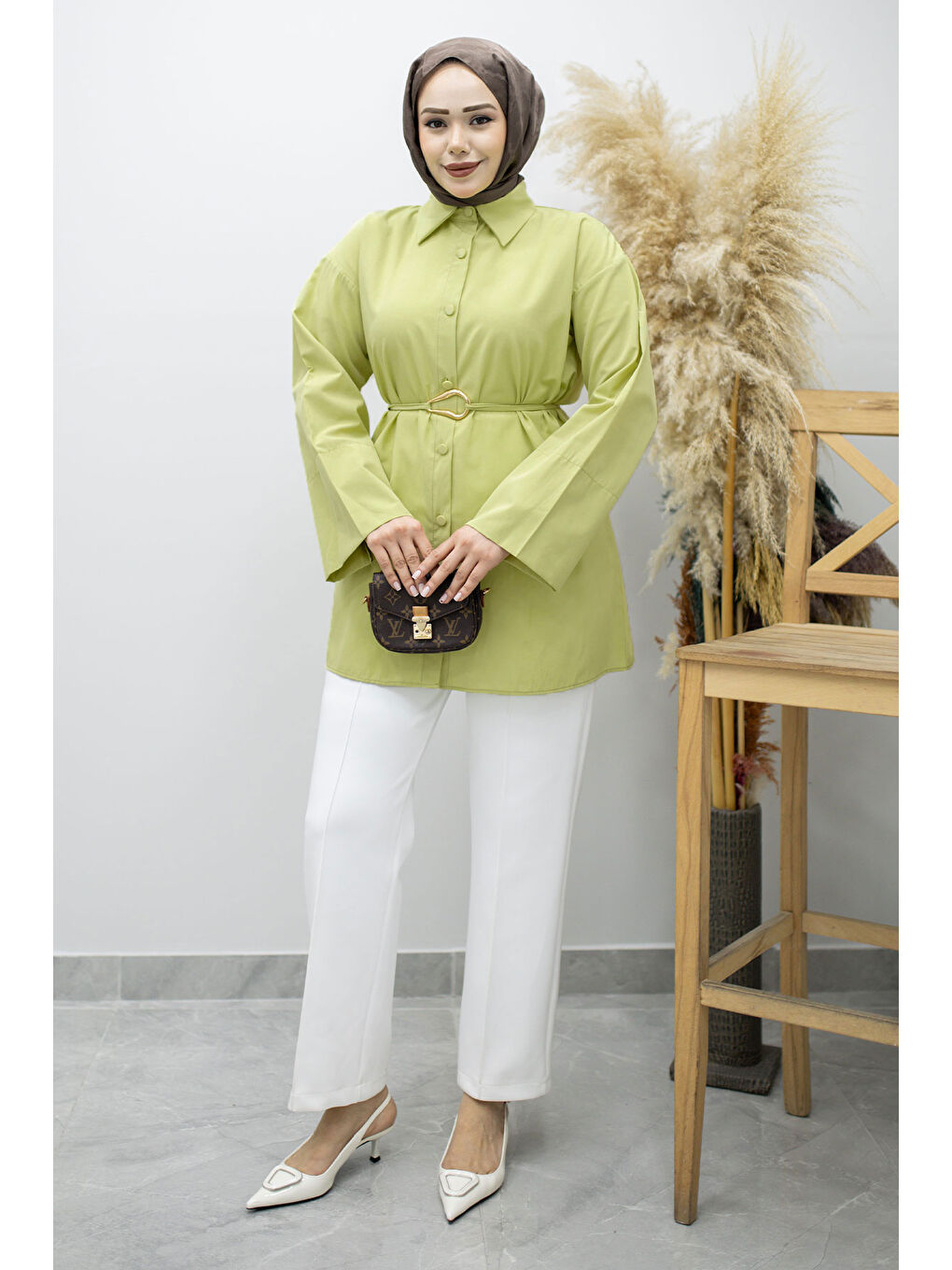 Kuşağı Gold Detaylı Gömlek TSD260162 Yeşil-4