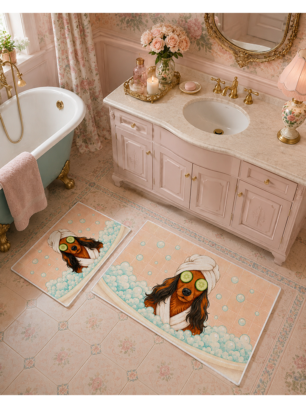 Karışık Pembe Köpek Desenli Kaymaz Taban Banyo Paspası 2’li Set Pastel Çocuk Banyo Halısı