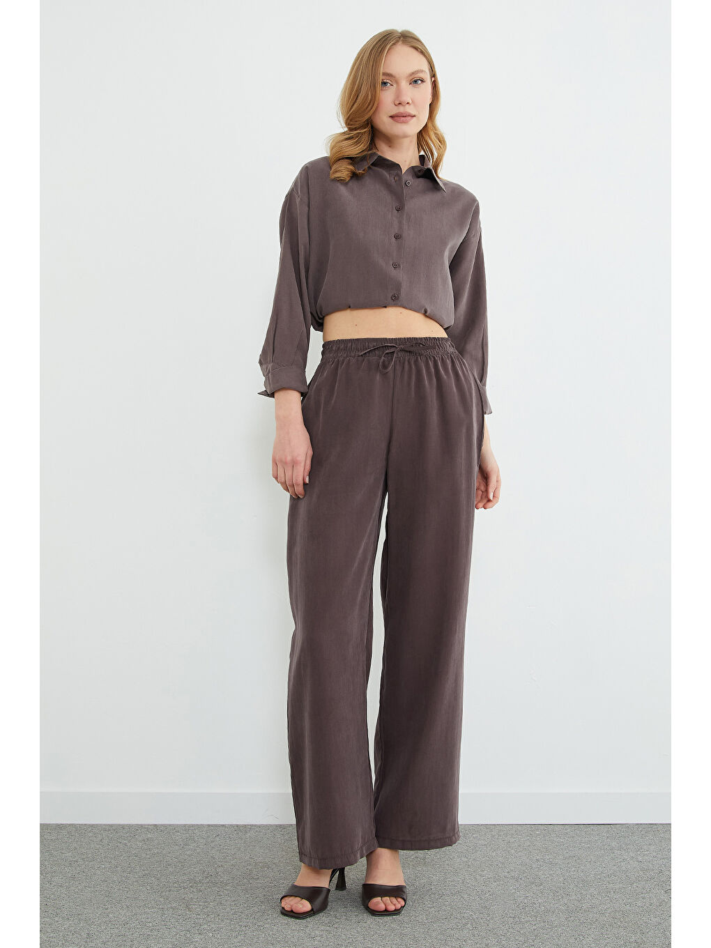 Kahverengi Beli Lastikli Cepli Palazzo Pantolon-2
