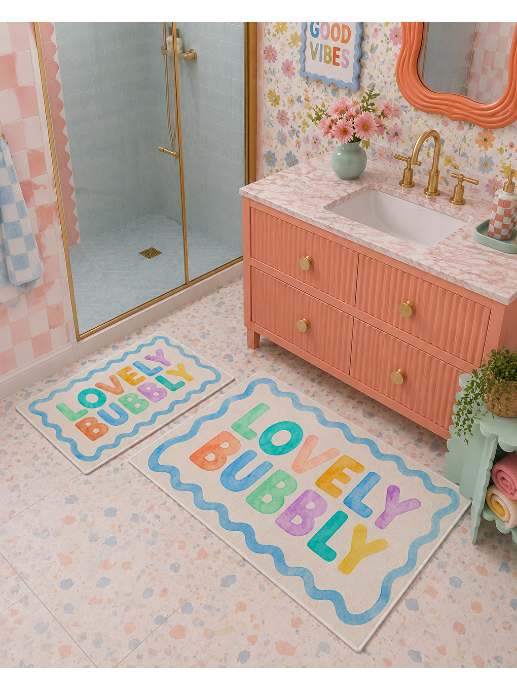 Karışık Lovely Bubble Yazılı Kaymaz Taban Banyo Paspası 2’li Set Renkli Modern Banyo Halısı-1