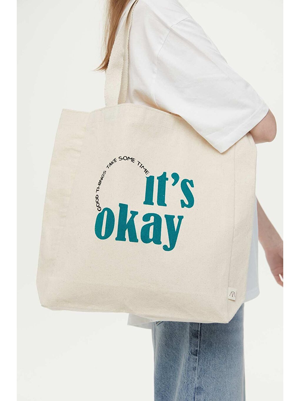 Bej Baskılı Körüklü Bez Çanta It Is Ok-2