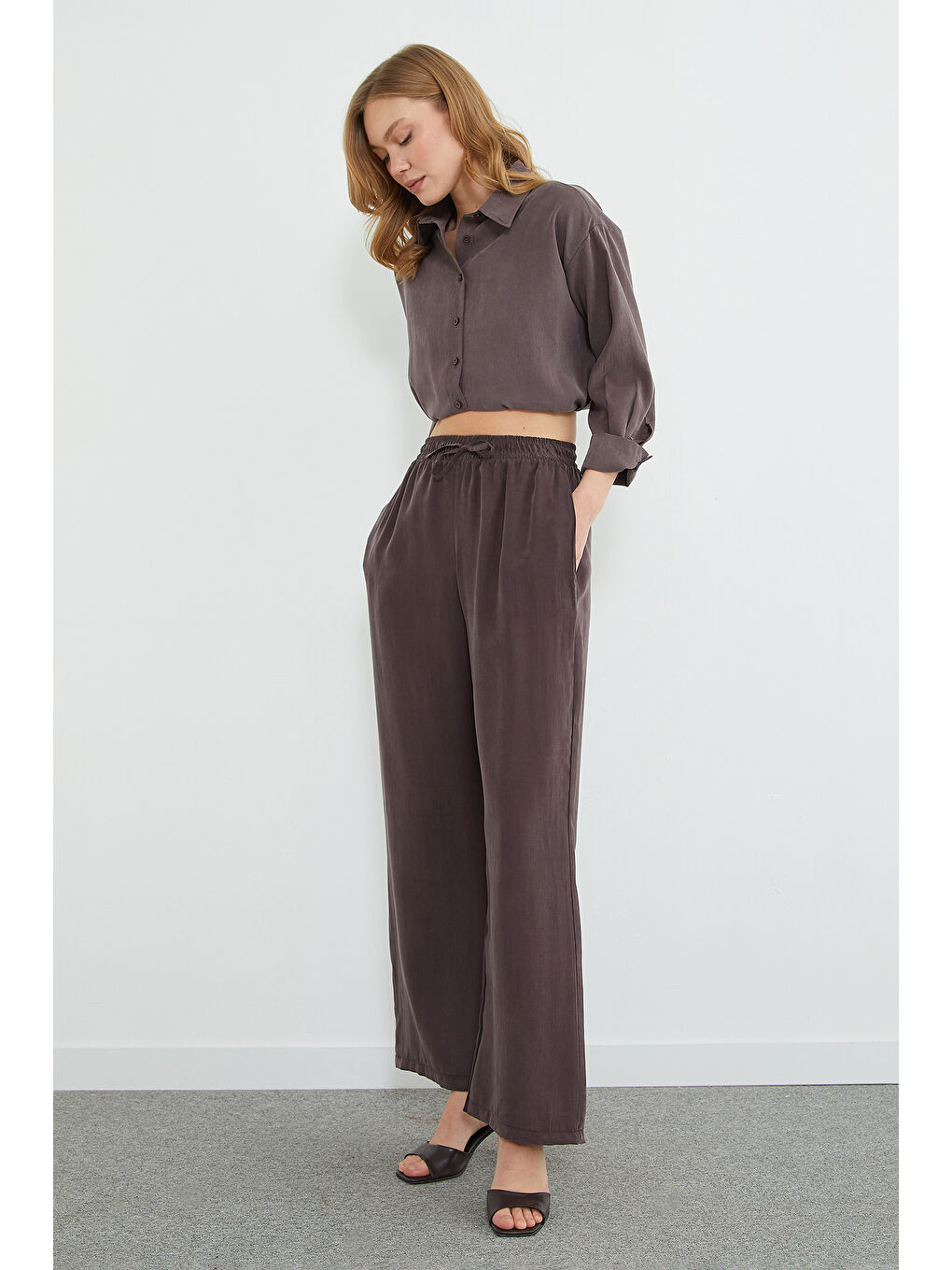 Kahverengi Beli Lastikli Cepli Palazzo Pantolon-3