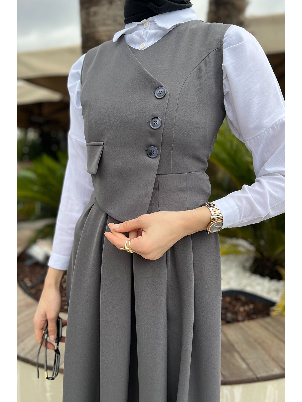 Antrasit Kadın Düğme Detaylı Pileli Tesettür Jile Elbise-6