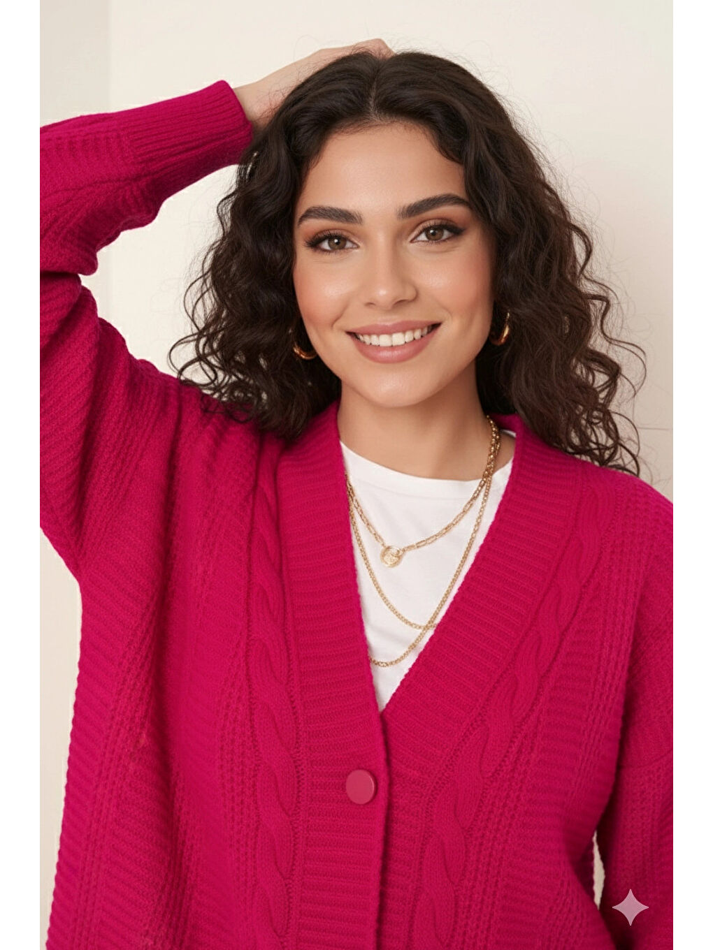 Kadın Koyu Pembe Saç Örgü Desen Uzun Düğmeli Rahat Kesim Triko Hırka HZL23W-BD1100691-3