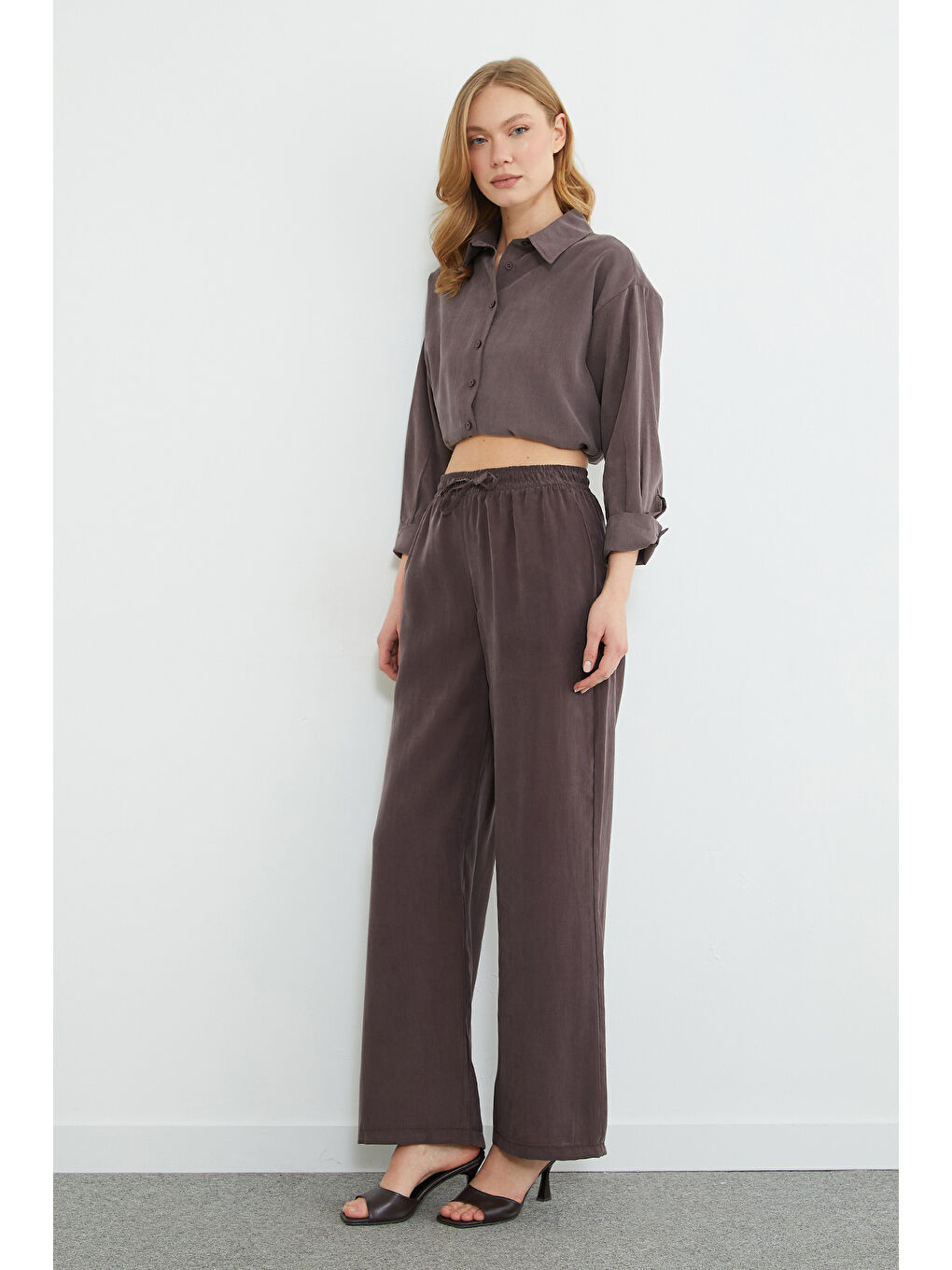 Kahverengi Beli Lastikli Cepli Palazzo Pantolon-4