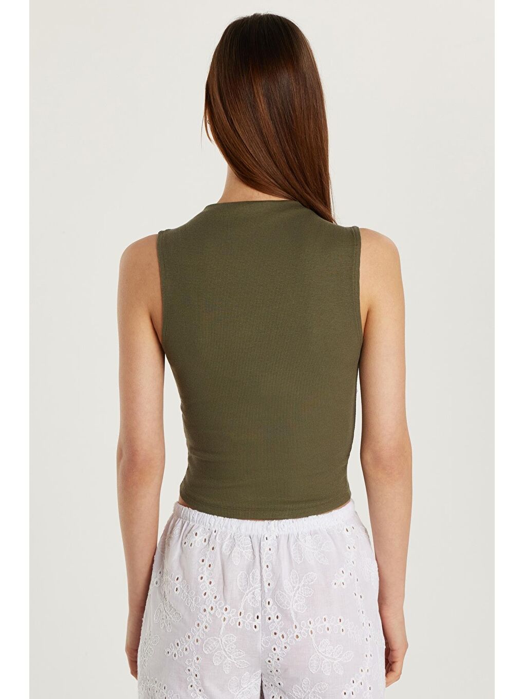 Kadın Slim Fit Dar Kesim Sıfır Kol Fitilli Modal Kumaş Haki Bluz-4