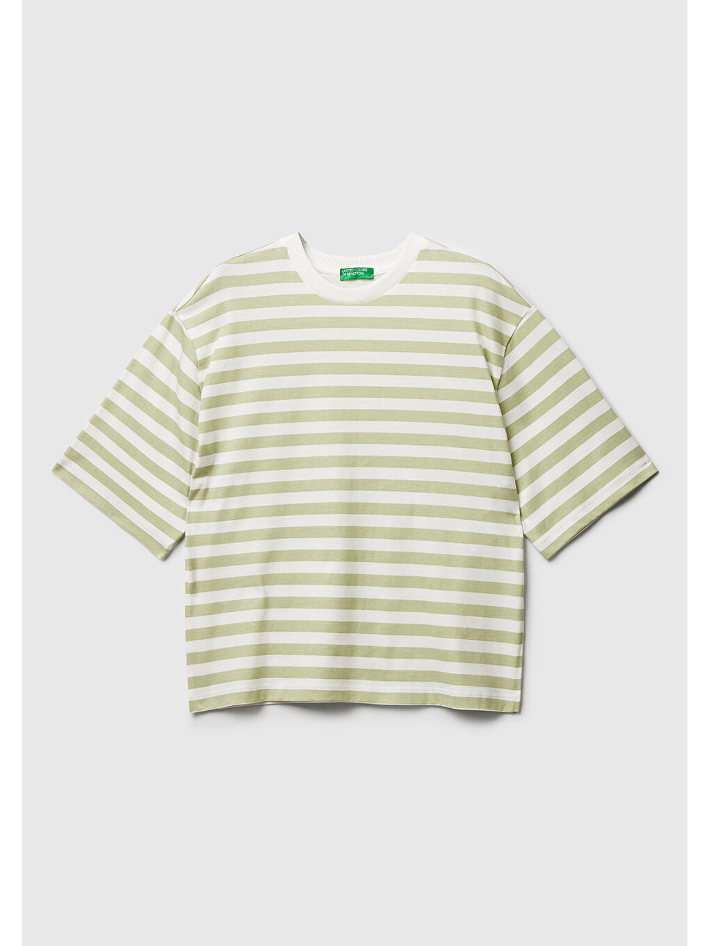 Kadın Yeşil %100 Pamuk Kalın Çizgili Yırtmaçlı Yarım Kol T-Shirt-1