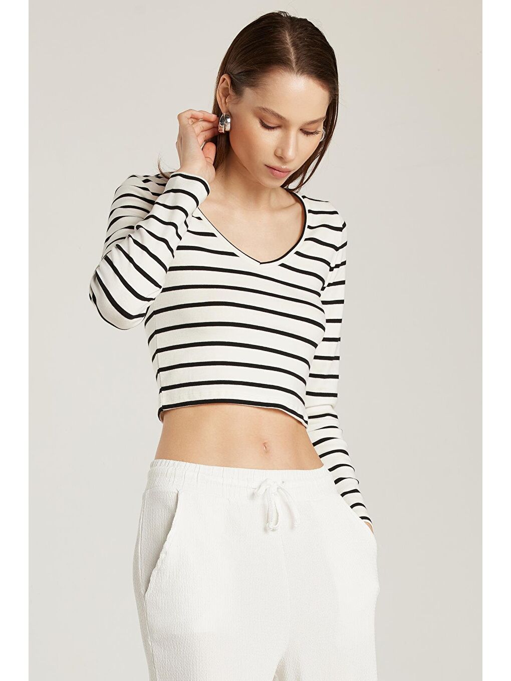 Karışık Kadın Slim Fit Dar Kesim Uzun Kollu Bisiklet Yaka Çizgili Bluz
