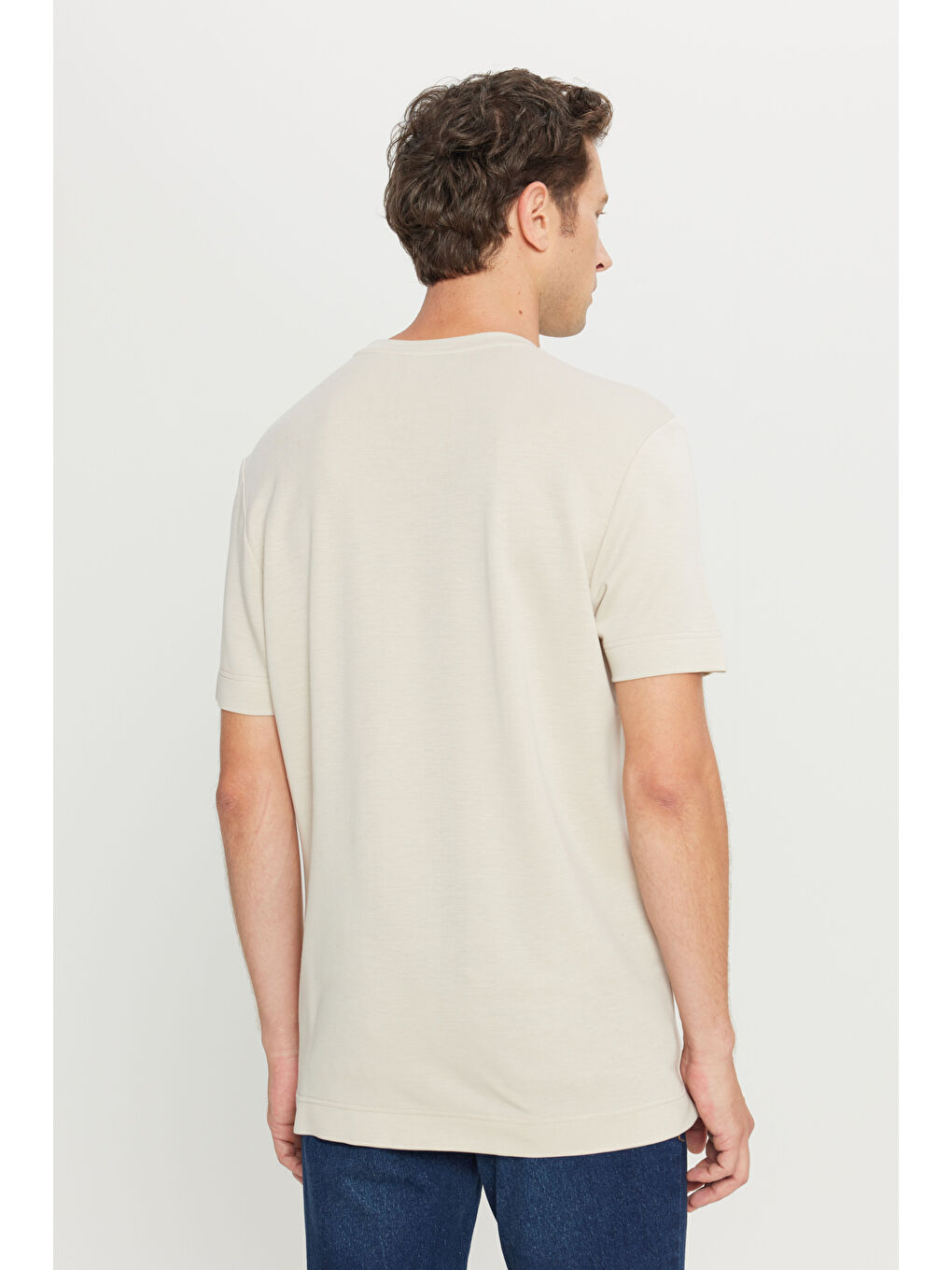 Erkek Bej Slim Fit Dar Kesim Bisiklet Yaka Esnek Tişört-4