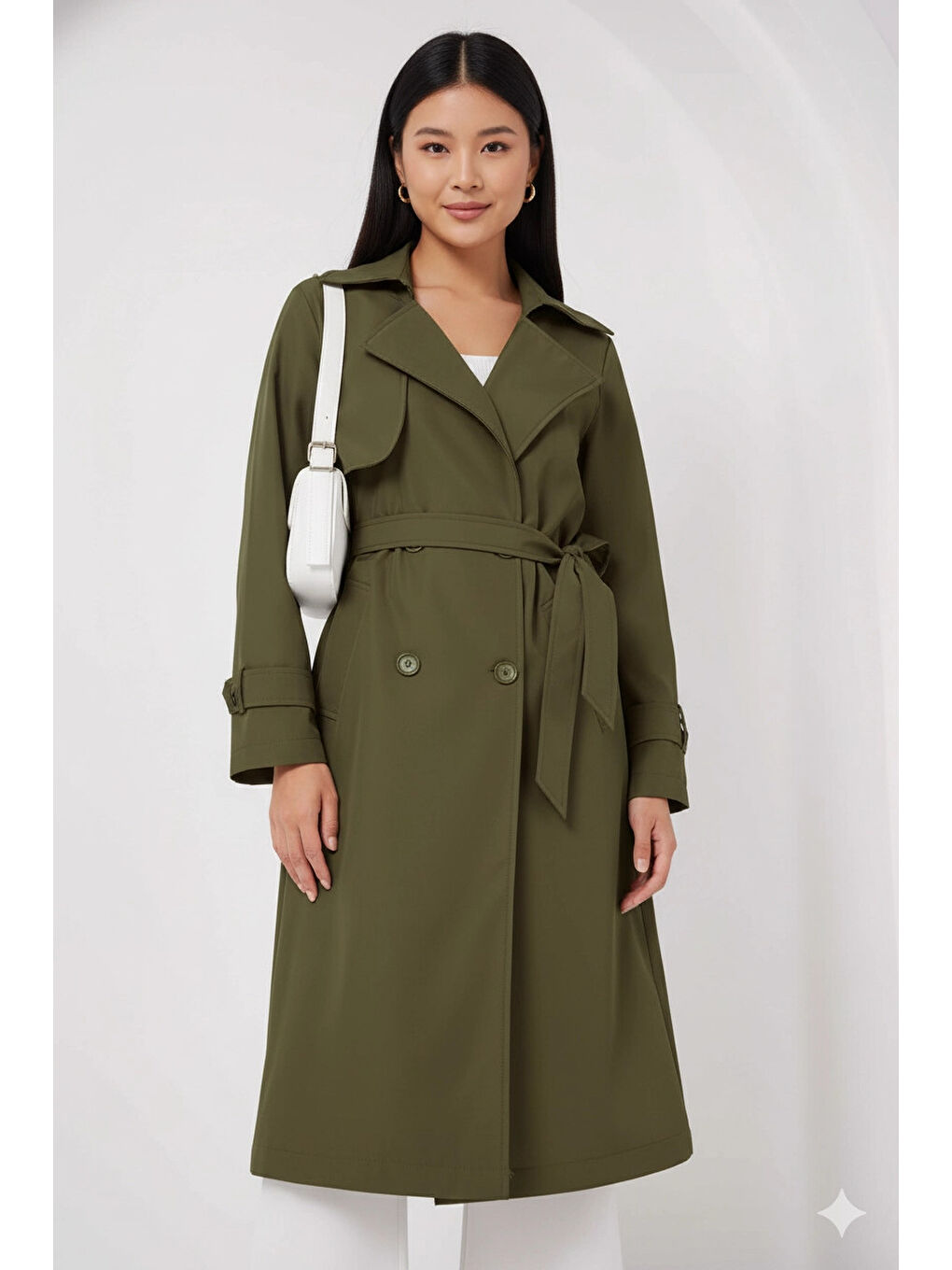 Kadın Haki Kruvaze Yaka Kuşaklı Astarlı Trençkot HZL25W-BD159181