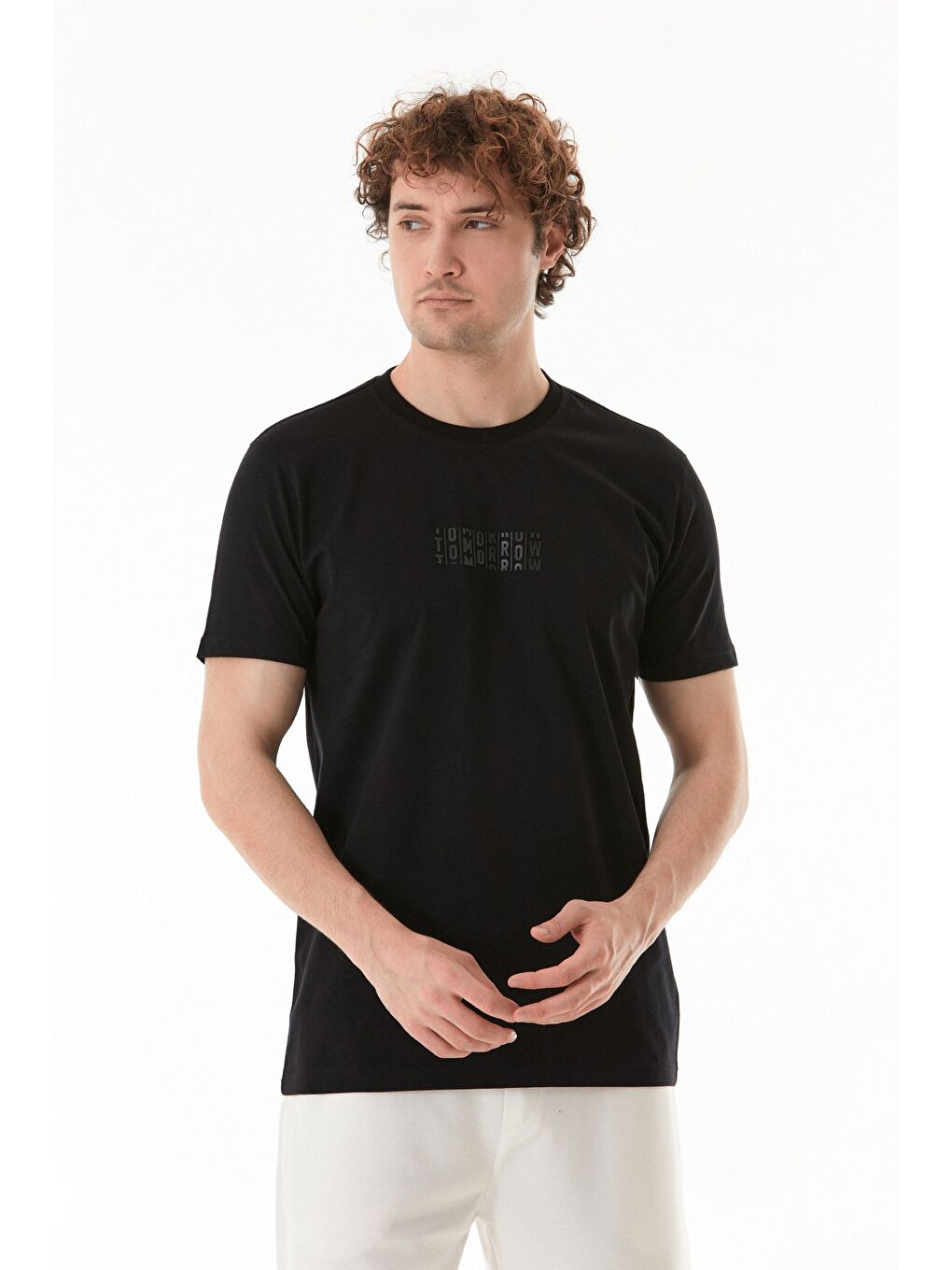 Siyah Tomorrow Baskılı Bisiklet Yaka Tişört