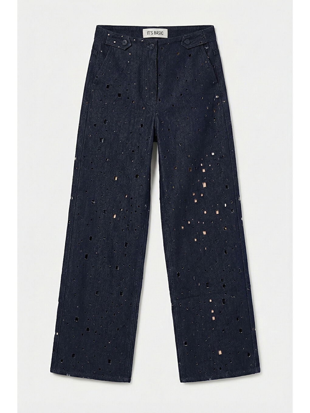 Kadın Lacivert s6-56 Wide Leg Özel Tasarım Delikli Denim Jean-3