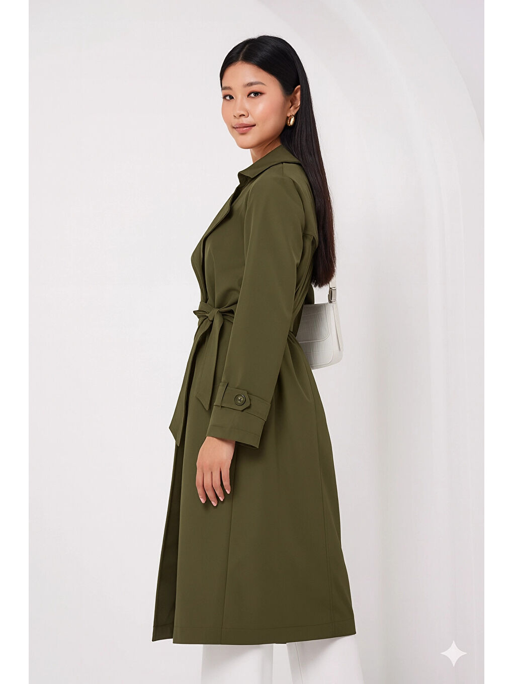 Kadın Haki Kruvaze Yaka Kuşaklı Astarlı Trençkot HZL25W-BD159181-1