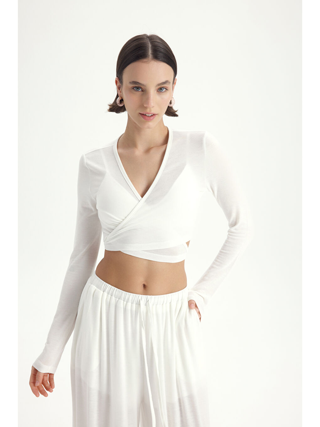 Vena Bağlamalı Ekru Crop Şalvar Pantolon Takım-1
