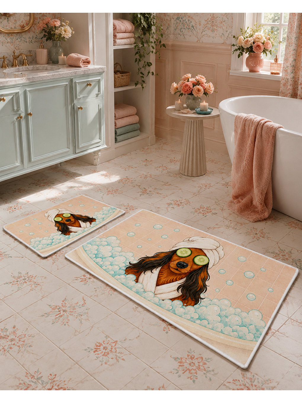 Karışık Pembe Köpek Desenli Kaymaz Taban Banyo Paspası 2’li Set Pastel Çocuk Banyo Halısı-1