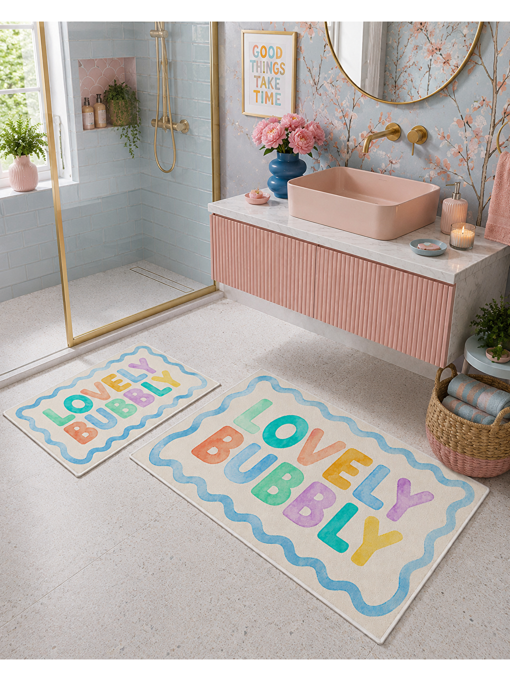Karışık Lovely Bubble Yazılı Kaymaz Taban Banyo Paspası 2’li Set Renkli Modern Banyo Halısı-2