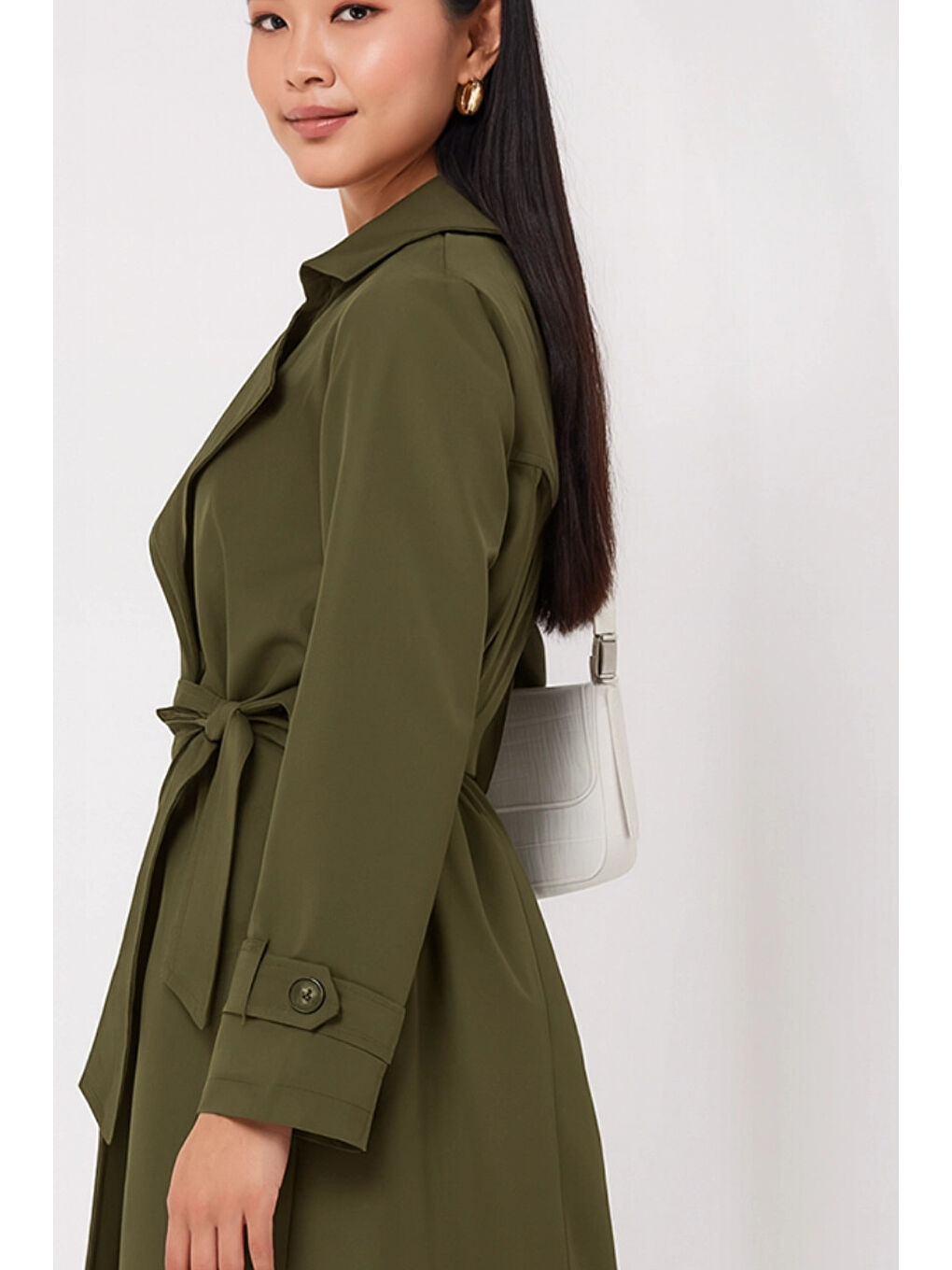 Kadın Haki Kruvaze Yaka Kuşaklı Astarlı Trençkot HZL25W-BD159181-2
