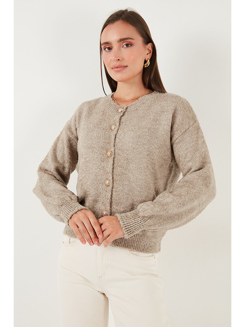 Bej Premium Regular Fit Bisiklet Yaka Yumuşak Dokulu Hırka 680HI00147-2