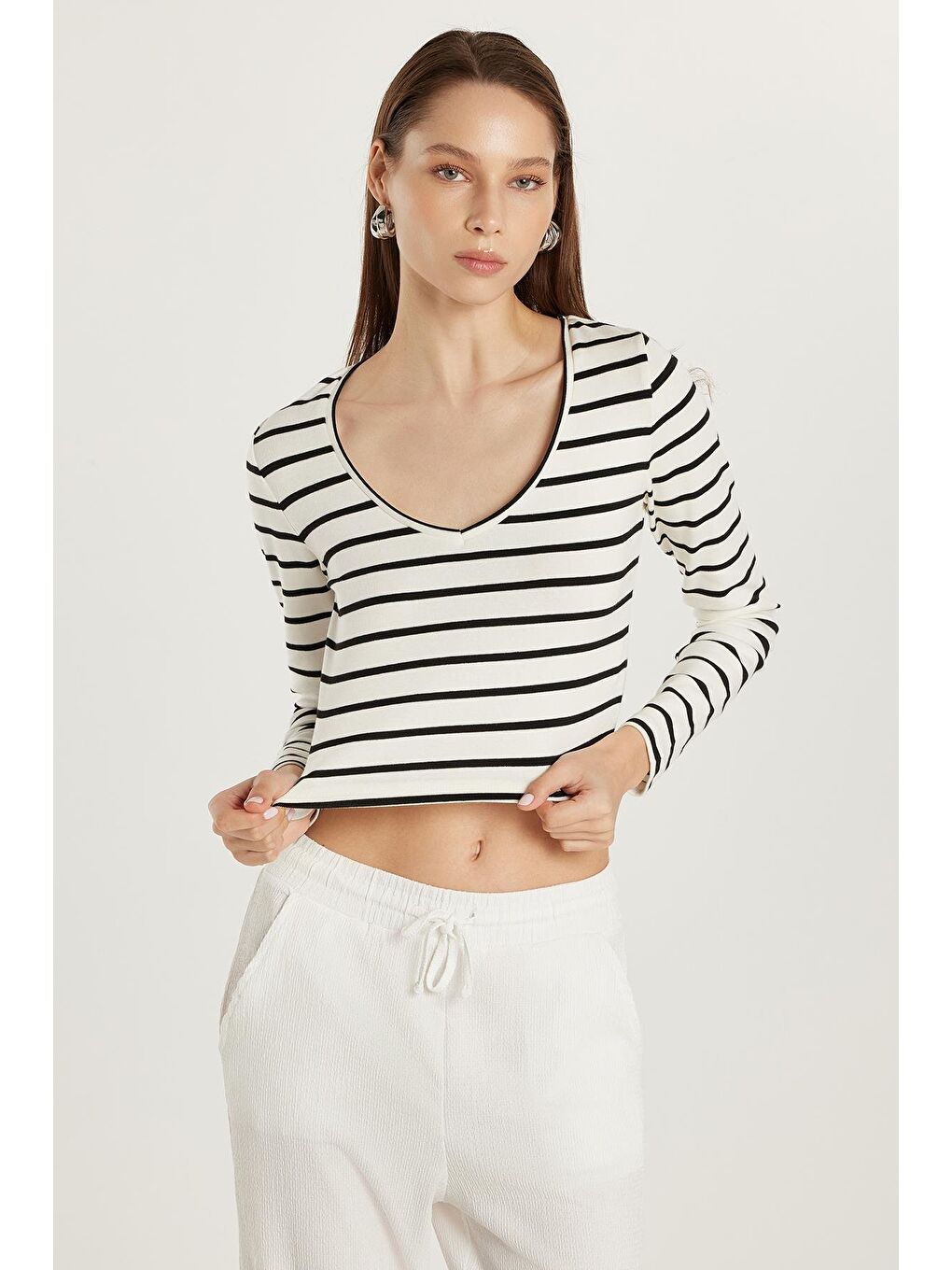 Karışık Kadın Slim Fit Dar Kesim Uzun Kollu Bisiklet Yaka Çizgili Bluz-3