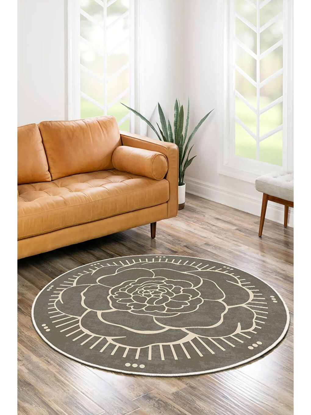 Kahverengi Dekoratif Salon Halısı, Makinada Yıkanabilir, Kaymaz Taban, İnce & Modern Tasarım-1